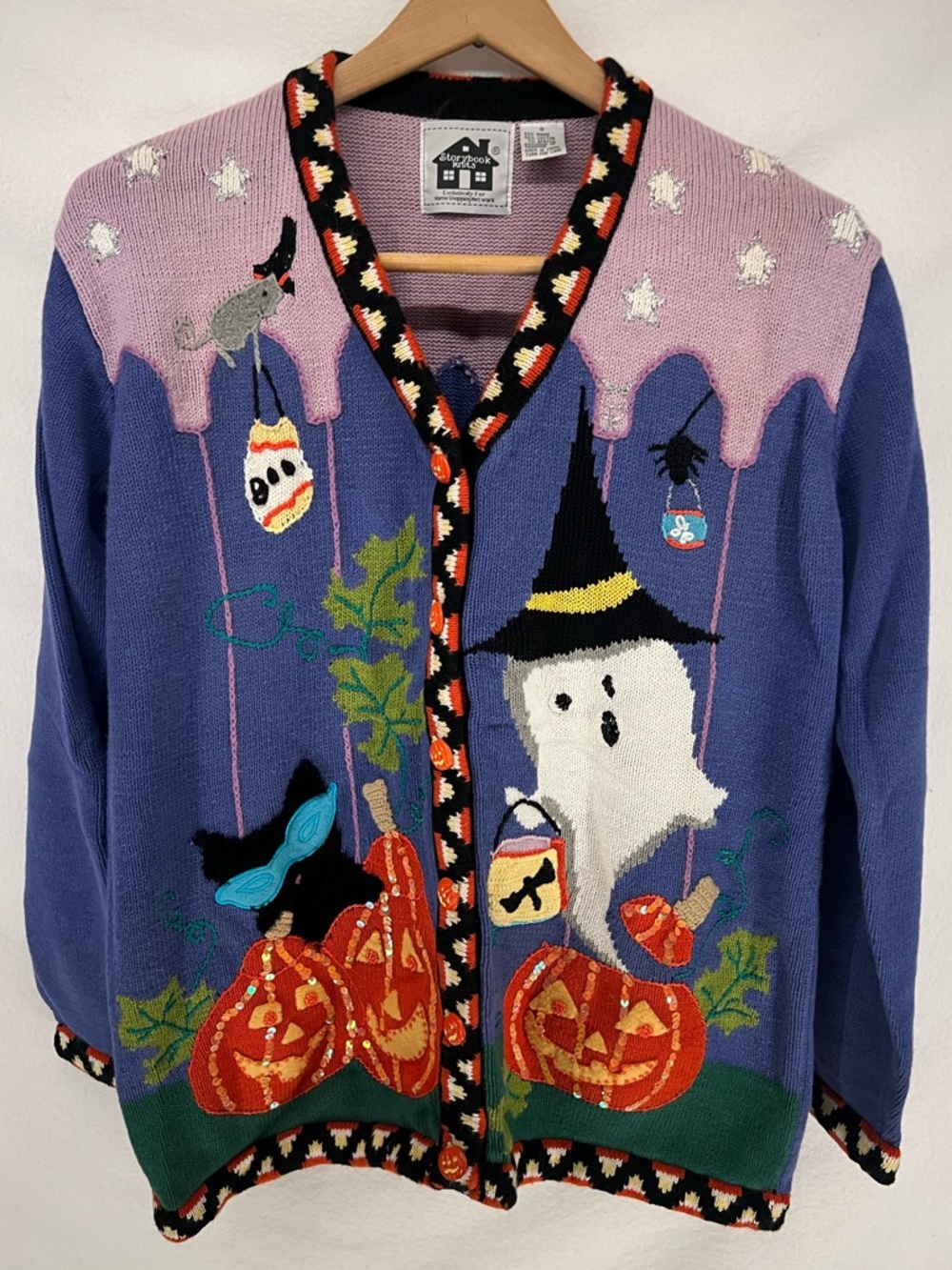Vintage 90s Storybook Knits Halloween Cardigan Sweater Size S Cottagecore
